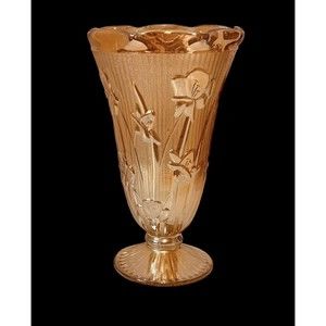 Jeanette Glass Iris & Herringbone Marigold Tall Footed Vase 9" Tall